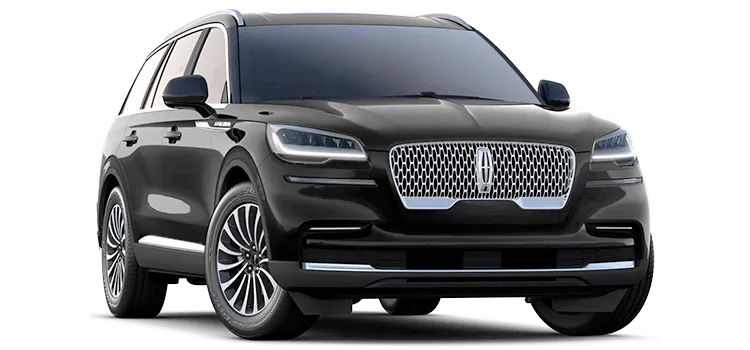 Black SUV with a chrome grille and large alloy wheels, shown from the front at an angle, against a white background.